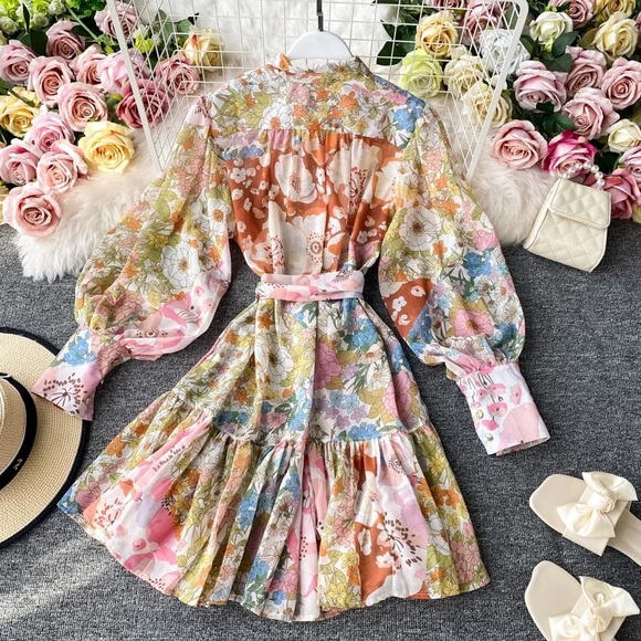 🎀 RUFFLE DRESS BOHO CHIC PASTEL MINI FLORAL FLOWER BOHEMIAN LAYER PRETTY CUTE - Picture 11 of 15